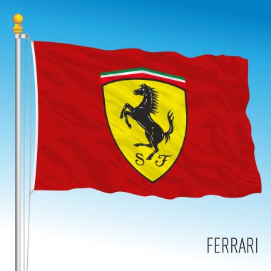 Maranello, Modena, İtalya, Şubat 2021 - Ferrari arabalarının ve yarış arabalarının dizayn bayrağı, vektör illüstrasyonu