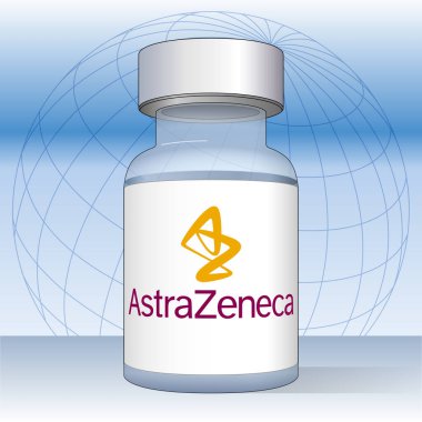 AstraZeneca etiketli anti-Covid-19 aşı şişesi, vektör illüstrasyonu