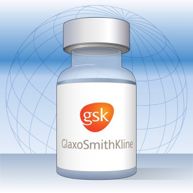Glaxo GSK etiketli Covid-19 aşı tüpü, dünya tasarım arka planında vektör çizimi