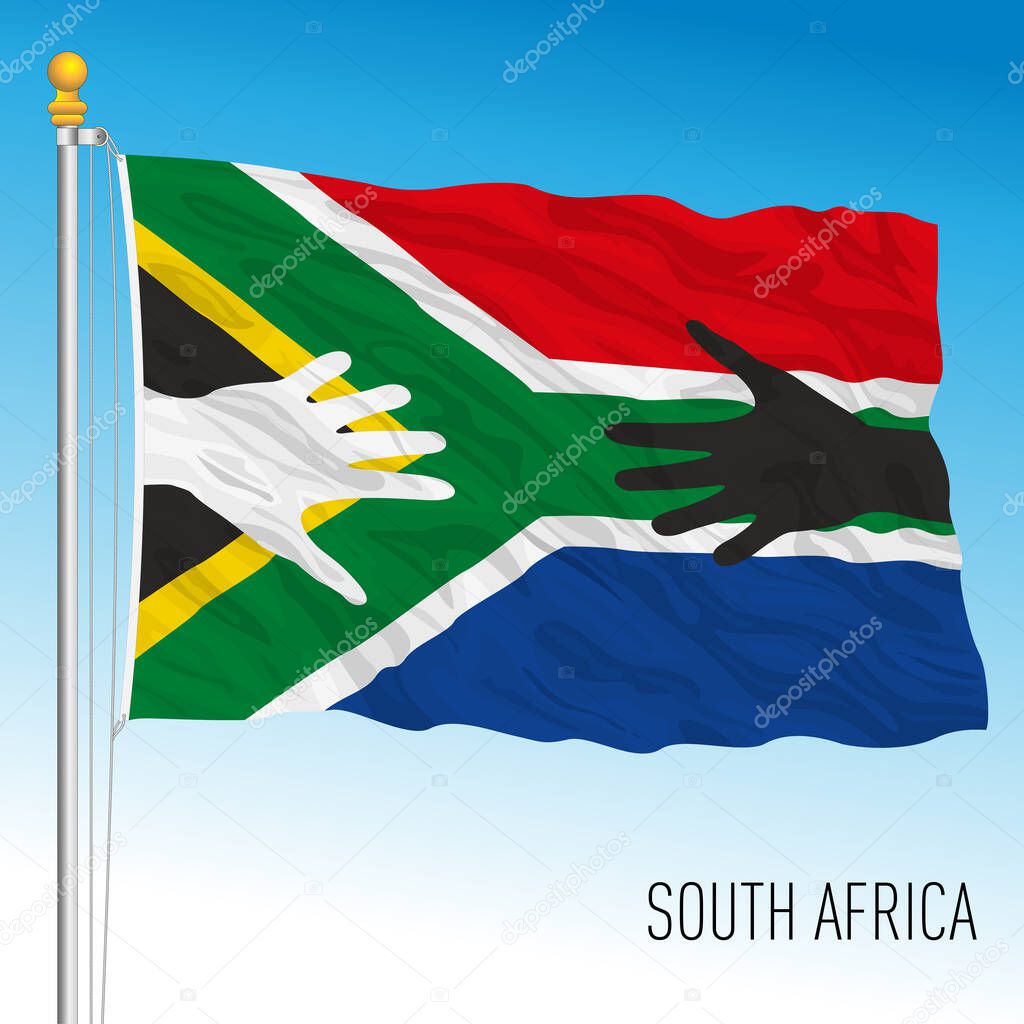 South African fantasy flag with black and white hands, symbol of fraternity, vector illustration