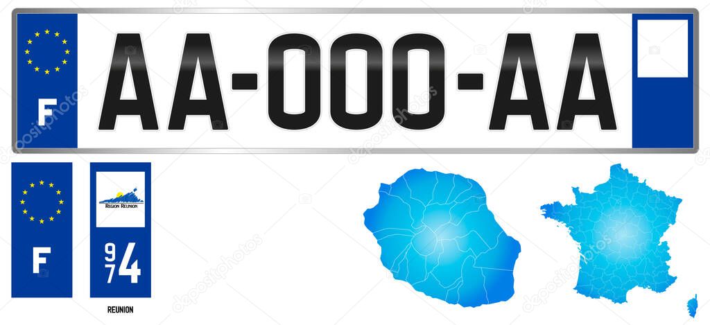 Reunion, France, french regional license plate template, detail of the side label of the department, vector illustration, example of numbering