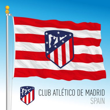 Avrupa, 2021 yılı, Atletico Madrid Futbol Kulübü bayrağı ve arma takımı yeni Süper Lig şampiyonasında, vektör illüstrasyon
