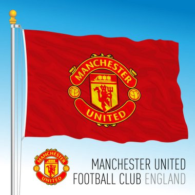 Avrupa, Yıl 2021, Manchester United Futbol Kulübü bayrağı ve arma takımı yeni Süper Lig şampiyonasında, vektör illüstrasyon