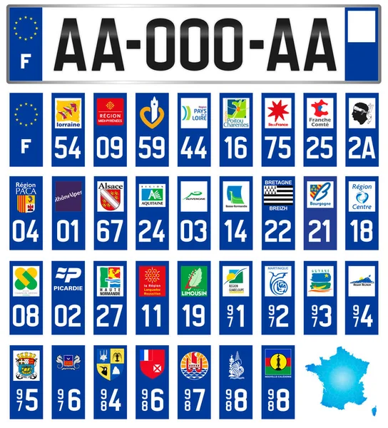 フランス 地元のシンボルを持つすべてのフランスの地域と部門のライセンスプレートラベル ベクトルイラスト — ストックベクタ