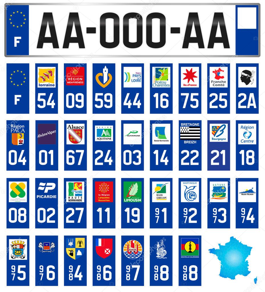 France, all French regional and departmental license plate labels with local symbols, vector illustration