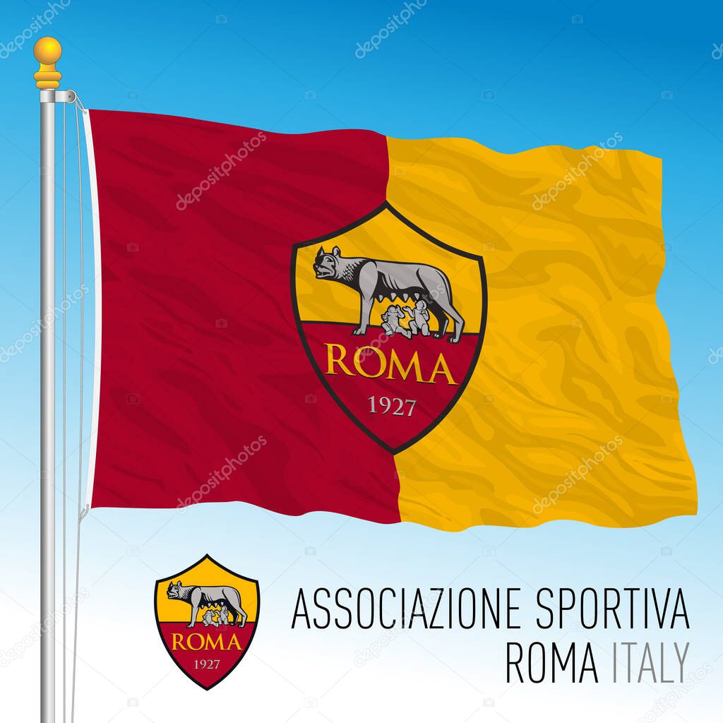 Italy, year 2021, football championship - Roma AC flag and team crest, vector illustration