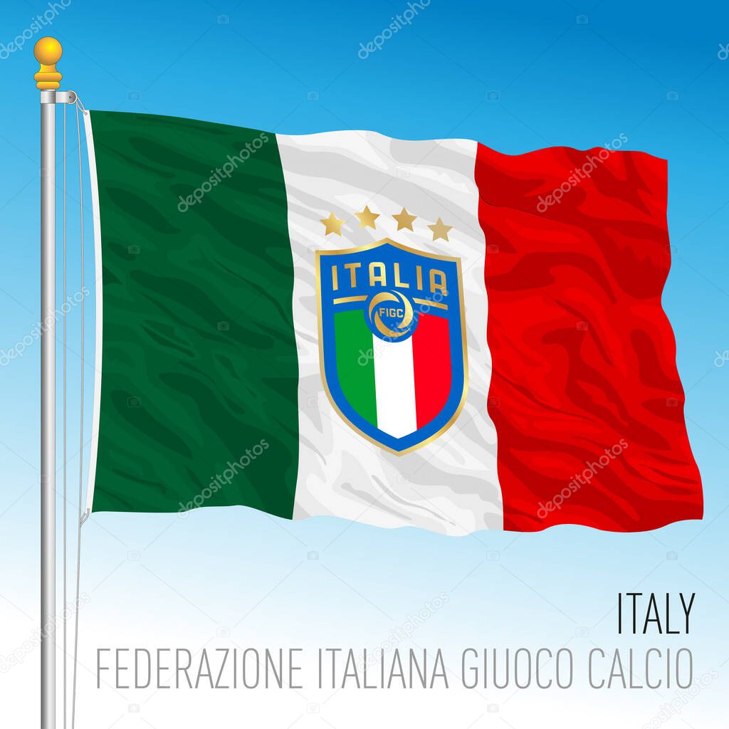 ROME, ITALY, June 2021 - Italian flag with Italian football federation logo for the european championship 2021
