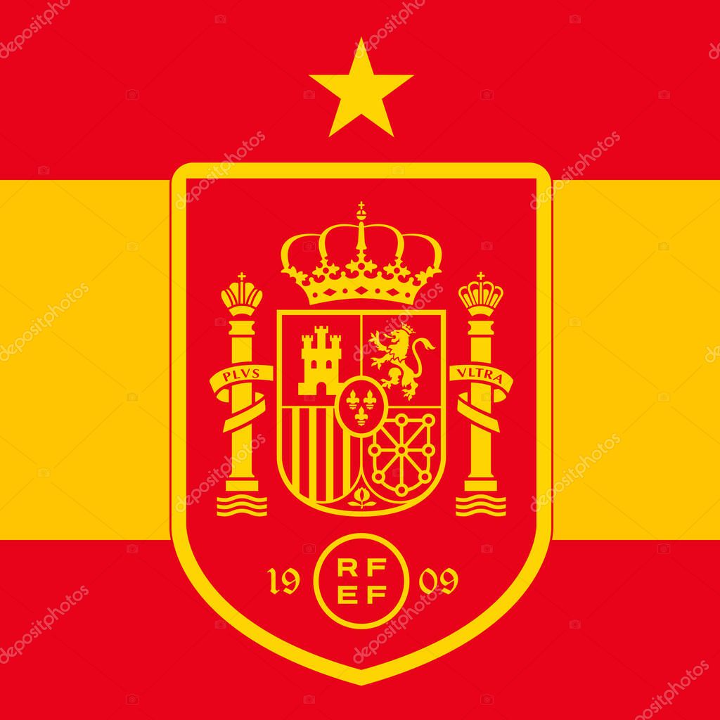 MADRID, SPAIN, June 2021 - Spanish flag with NEW national football federation logo for the european championship 2021