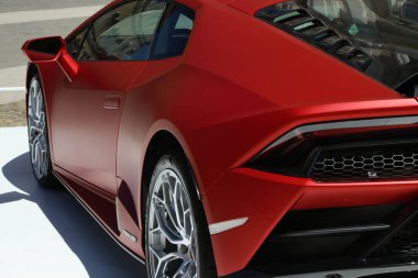 Modena, İtalya, Temmuz 12021 Lamborghini Huracan Evo RWD spor araba müfrezesi, Motor Vadisi Sergisi