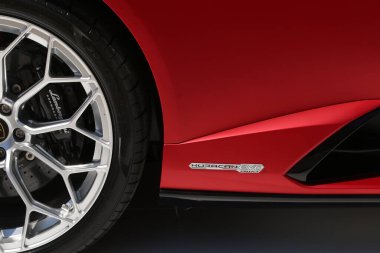 Modena, İtalya, Temmuz 12021 Lamborghini Huracan Evo RWD spor araba müfrezesi, Motor Vadisi Sergisi