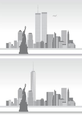 WTC, eski ve yeni Dünya Ticaret Merkezi, New York, Amerika Birleşik Devletleri, 11 Eylül 'den önce ve sonra ufuk çizgisi, vektör çizimi
