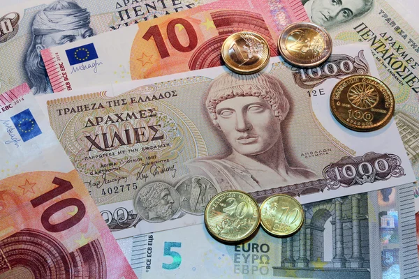 Euro dan nilai uang kertas drachmes — Stok Foto