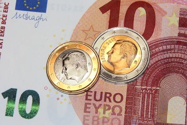 Új 1 euro, 2 euro-érmék spanyol király felipe — Stock Fotó