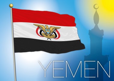 Yemen bayrağı ve sembolik arka plan, vektör illüstrasyonu