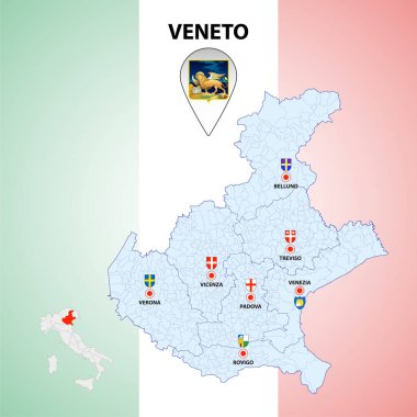 Veneto, Italy, regional map and symbols of the region and cities, vector illustration