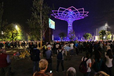 MILAN, - SEPTEMBER 19, 2015: Tree of life tower fountain, world exhibition Expo 2015. clipart