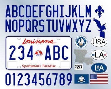 Louisiana 'nın 250. yarı yıl 2026 tarihli yeni plakası, harfler, sayılar ve semboller, vektör illüstrasyonu, ABD