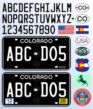 Colorado eyaletinin yeni plakası siyah stil, harfler, sayılar ve semboller, vektör illüstrasyonu, ABD, Amerika Birleşik Devletleri
