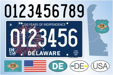 Delaware 250. yıldönümü 2026 plaka kalıbı, numaralar ve semboller, vektör illüstrasyonu, ABD