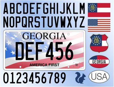 Georgia eyaleti plaka kalıbı 2026 Amerika Önce harfler, sayılar ve semboller, vektör illüstrasyonu, ABD