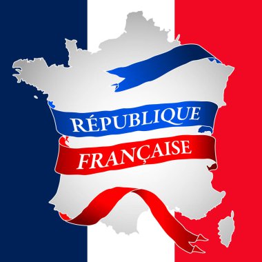 Fransa, siluet ve kurdeleli grafik haritası ve Fransa Cumhuriyeti 'nin adı, vektör illüstrasyonu