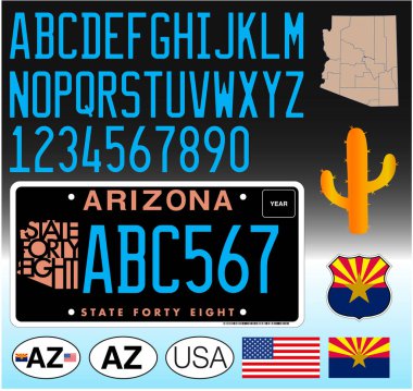 Arizona Eyaleti özel araç plaka kalıbı Eyalet 48, harfler, sayılar ve semboller, vektör illüstrasyonu, ABD, Amerika Birleşik Devletleri