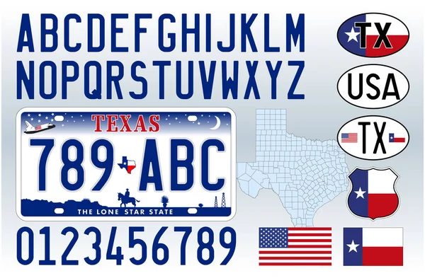 Teksas eyaleti klasik araba plakası, harfler, sayılar ve semboller, vektör illüstrasyonu, Amerika Birleşik Devletleri