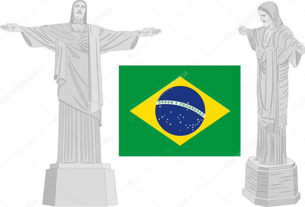 corcovado, brazil, statue illustration and flag