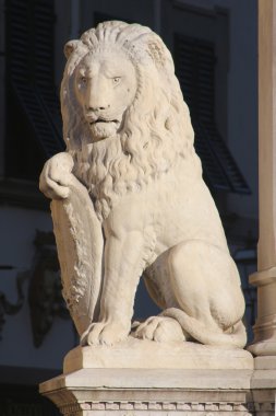 FLORENCE, ITALY - NOVEMBER, 2015: Lion monument with coat of arms, Santa Croce square
