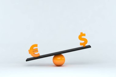 3D Illustration. Avro ve dolar sembolü izole edilmiş arka planda denge ölçeğinde. Döviz karşılaştırması. Mali konsept.
