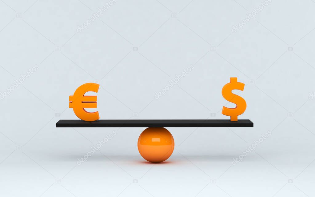 3D Illustration. Euro and dollar symbol on balance scale. Concept of equal balance between dollar and euro. Financial concept.