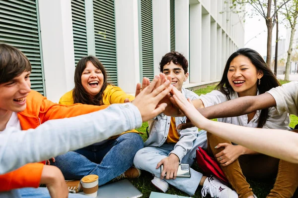 Üniversite kampüsünde el ele tutuşan bir grup öğrenci. Destek ve gençlik toplumu kavramı