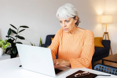 Dizüstü bilgisayarda çalışan kıdemli iş kadını evdeki masada oturuyor. Evde çalışmak ve evden işe gitmek.