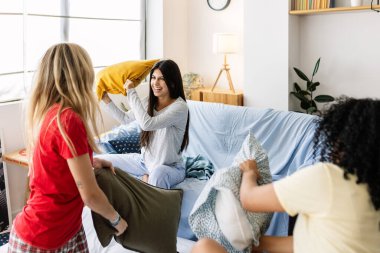 Neşeli çok ırklı bayan arkadaşlar pijama partisinin tadını çıkarıyor ve oturma odasında yastık kavgası yapıyorlar. Kadın arkadaşlığı ve gençlik kavramı