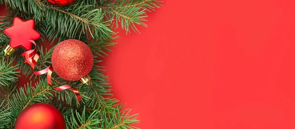 Red Balls Fir Branches Red Background Festive Christmas Decorations Christmas — 图库照片