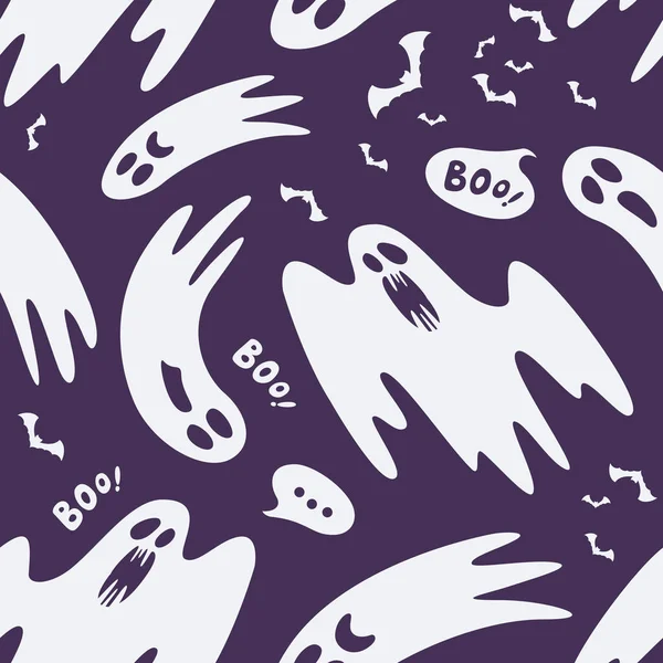 A Halloween themed background depicting ghosts with various expressions and poses. Seamlessly repeatable. Eps 8 Vector — Stock Vector