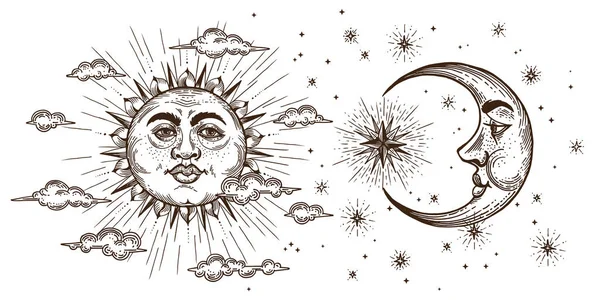 Set of Sun, Moon and Crescent, hand drawn in engraving style. Vector graphic retro illustrations. — Stock Vector