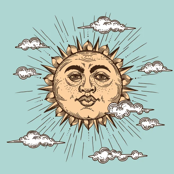 Ensemble de Soleil, Lune et Croissant, dessiné à la main dans le style de gravure. Illustrations rétro graphiques vectorielles. — Image vectorielle
