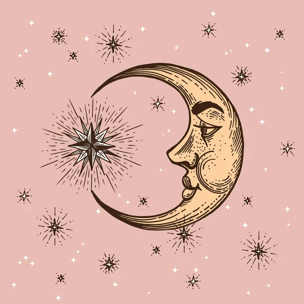 Ensemble de Soleil, Lune et Croissant, dessiné à la main dans le style de gravure. Illustrations rétro graphiques vectorielles. — Image vectorielle