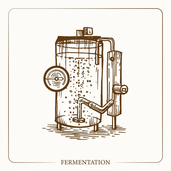 Бак для бродіння. Обладнання для виробництва сидру. Вінтажний ескіз садового фону. Малюнок вручну. Векторні ілюстрації . — стоковий вектор