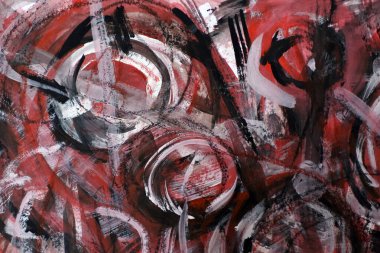 Tuvaldeki kırmızı, siyah ve beyaz noktalar. Renkli parlak bir arka plan. Kuru fırça darbeleri. Soyut izlenimcilik tarzında bir eskiz. Jackson Pollock taklidi