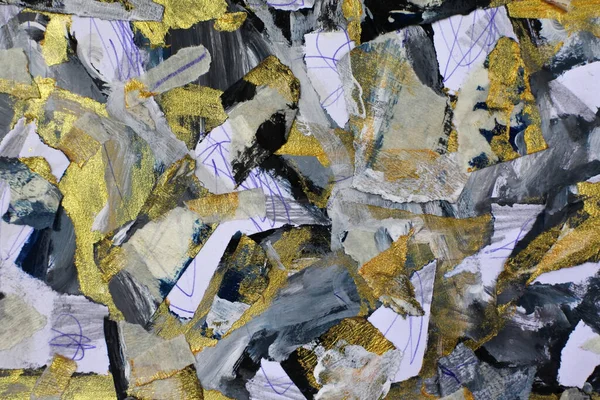 Altın ve siyah renklerle boyanmış. Altın ve siyah renklerle boyanmış. Soyut izlenimcilik tarzında bir eskiz. Kaotik desenli kağıt kurdele parçaları..