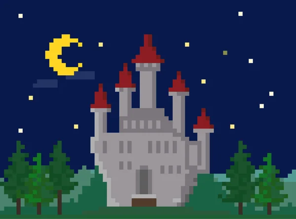 Pixel Paisaje nocturno con castillo — Vector de stock