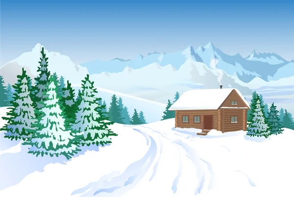 Beautiful Winter Landscape With House — Stock Vector