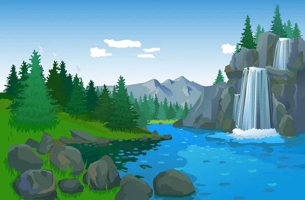 Hermoso paisaje con cascada — Vector de stock