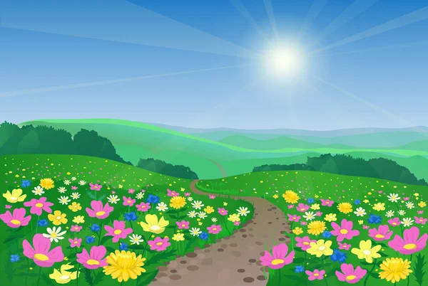 Beau paysage avec des fleurs — Image vectorielle