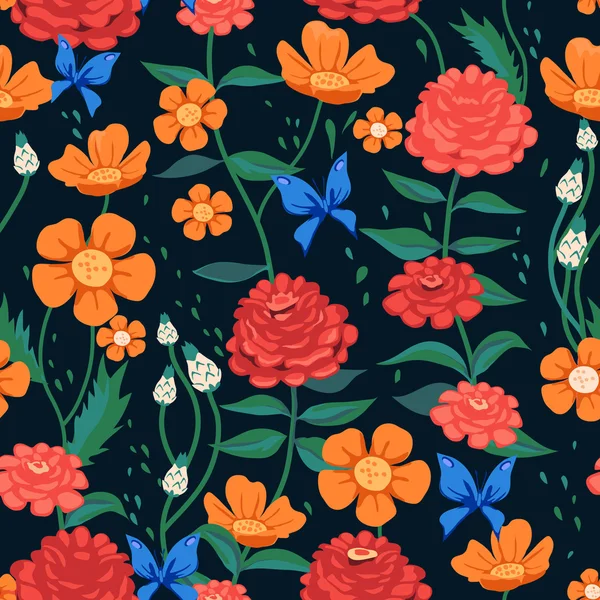 Бесшовный цветочный узор с бабочками — стоковый вектор