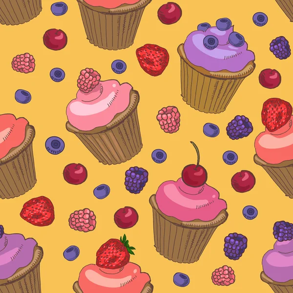 Cupcakes en bessen naadloze patroon — Stockvector