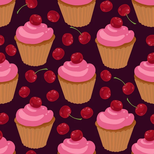 Pasteles con cerezas patrón sin costuras — Vector de stock