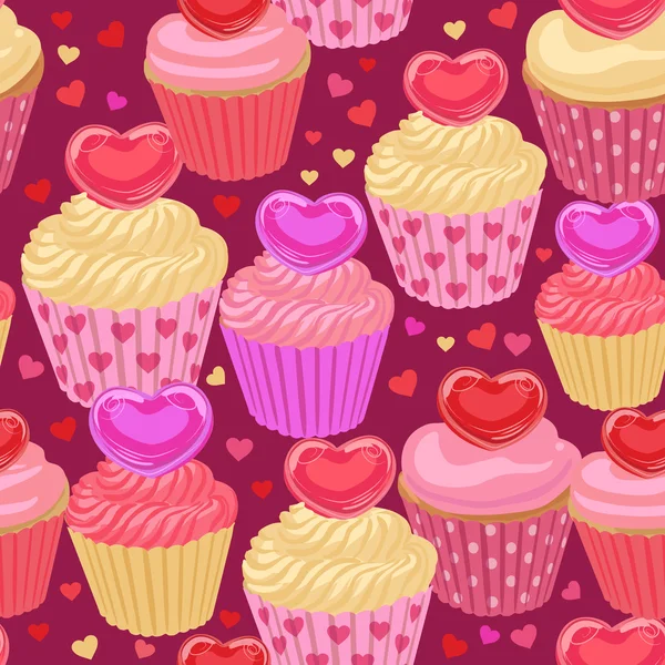 Cupcakes con corazones patrón sin costuras — Vector de stock